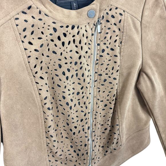 BCBG Max Azria Skyler Faux Suede Laser Cut Asymmetrical Full Zip Jacket Size M - Picture 3 of 8